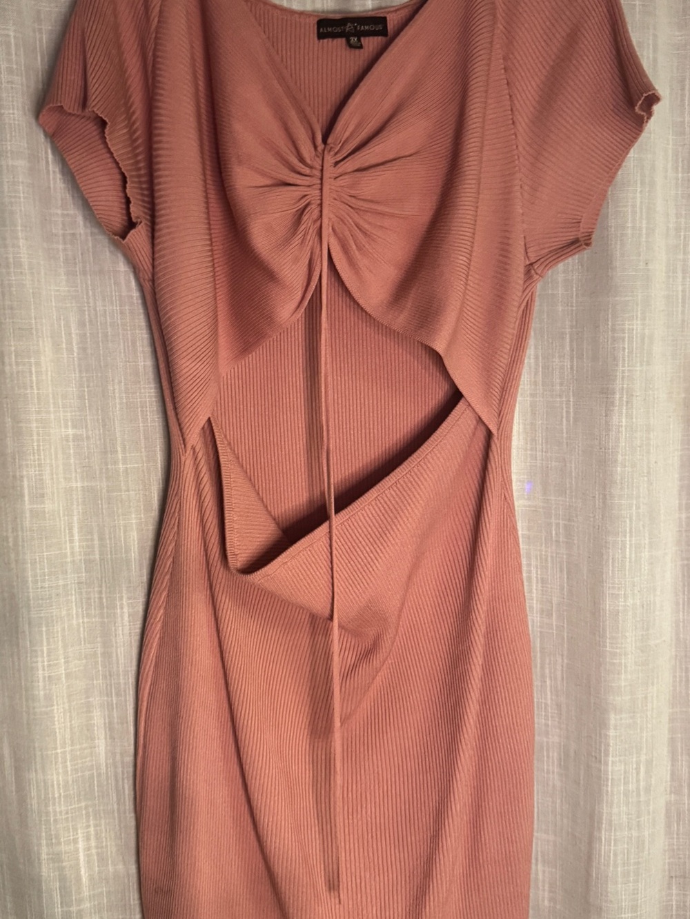 Almost Famous Plus Size 3X Mauve Ribbed Cutout Ruched Midi Dress